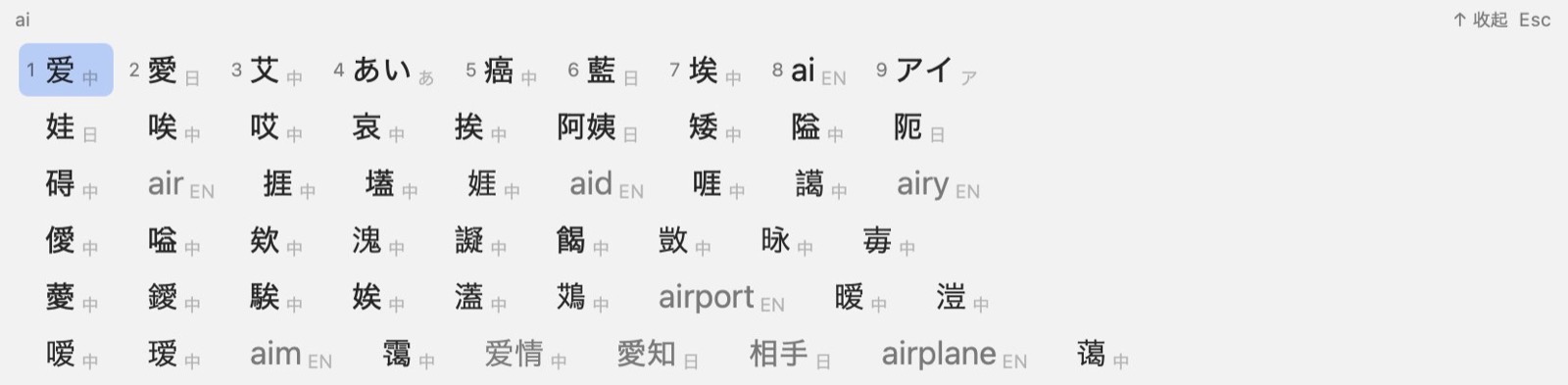 Claude 自己画的测试图:键入 ai,展开后的候选,中、日、英、平假名、片假名都有,后面几行灰色的是不完全匹配。
